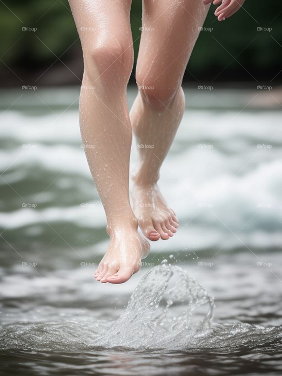 Barefoot feet walking in the water