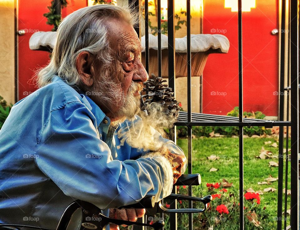 Old Man Smoking A Pipe. Old Man Relaxing With A Pipe During The Golden Hour
