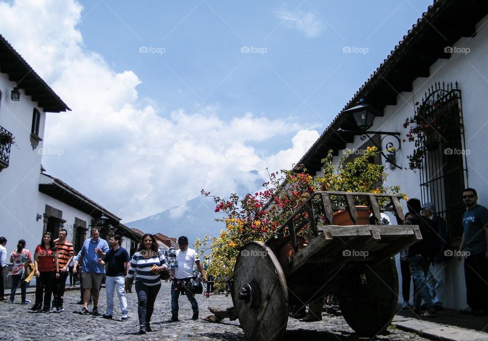 Antigua Guatemala under active volcano 