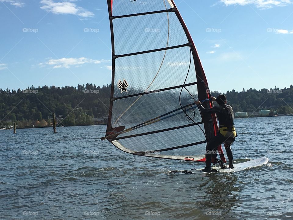 Man windsurfing inner harbour near Vancouver 