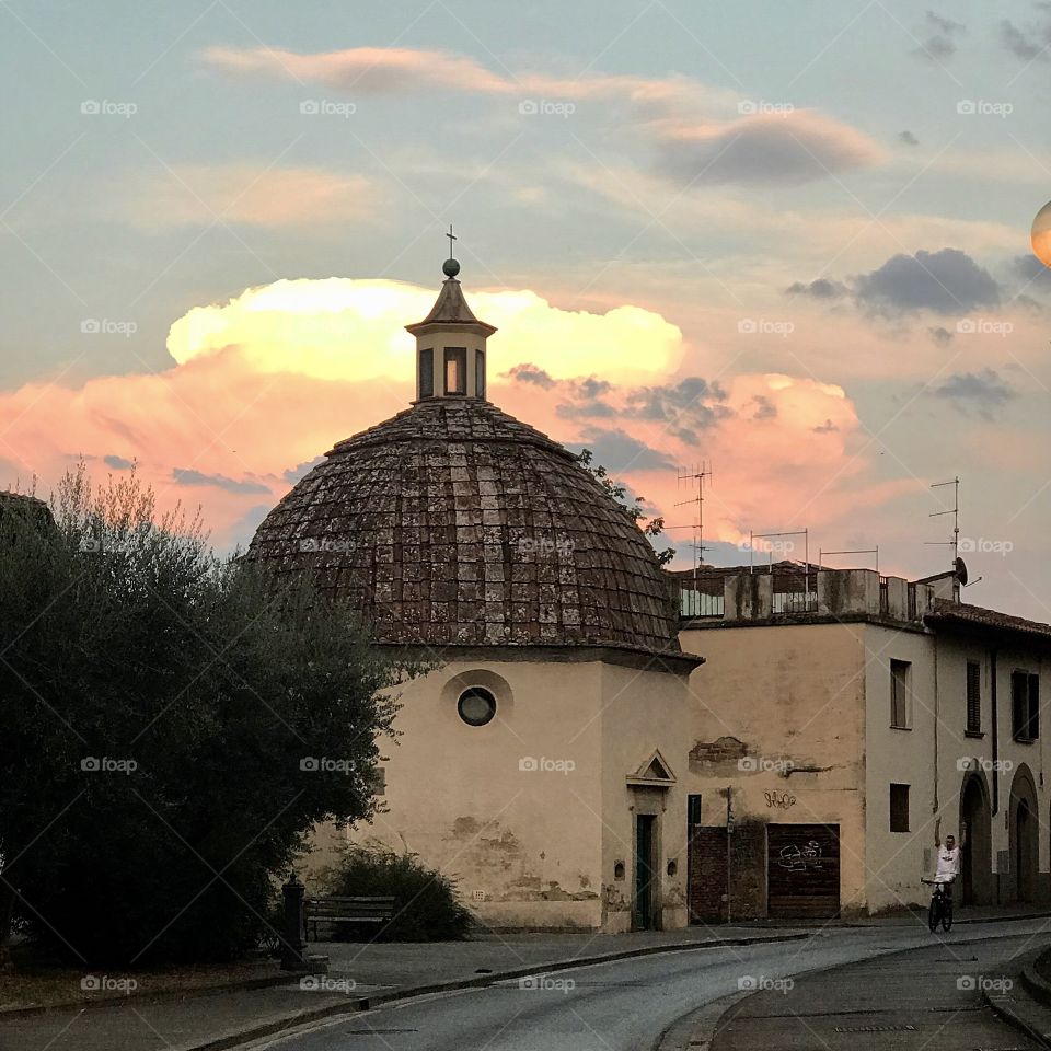 Gorgeous sunset behind an ancient chapel in Figline Valdarno Italy