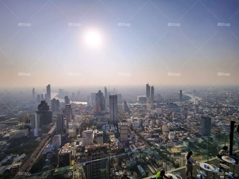 A view of Bangkok taken from the top of Mahanakhon Tower. Mahanakhon Tower is currently the tallest building in Bangkok.