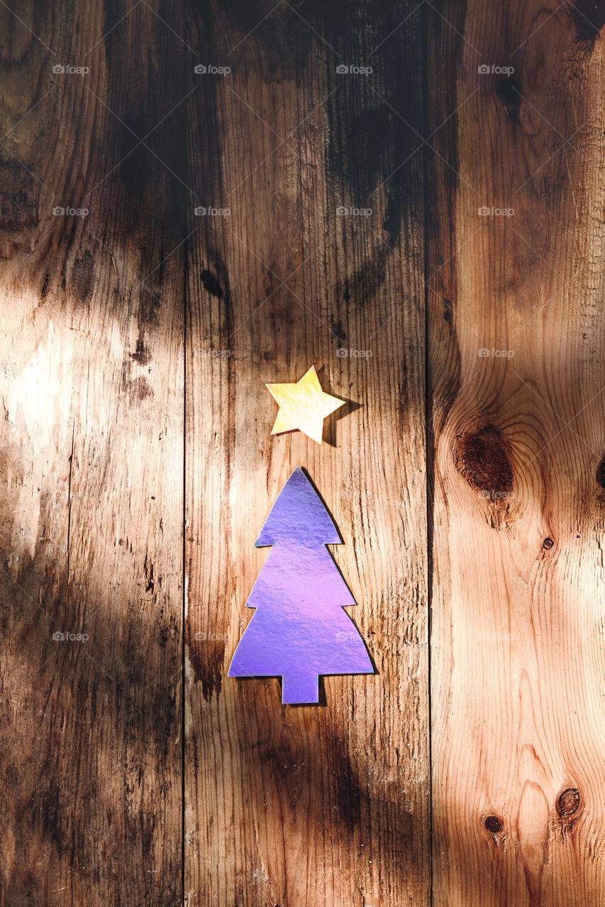 Elevated view of Christmas tree and star made of paper