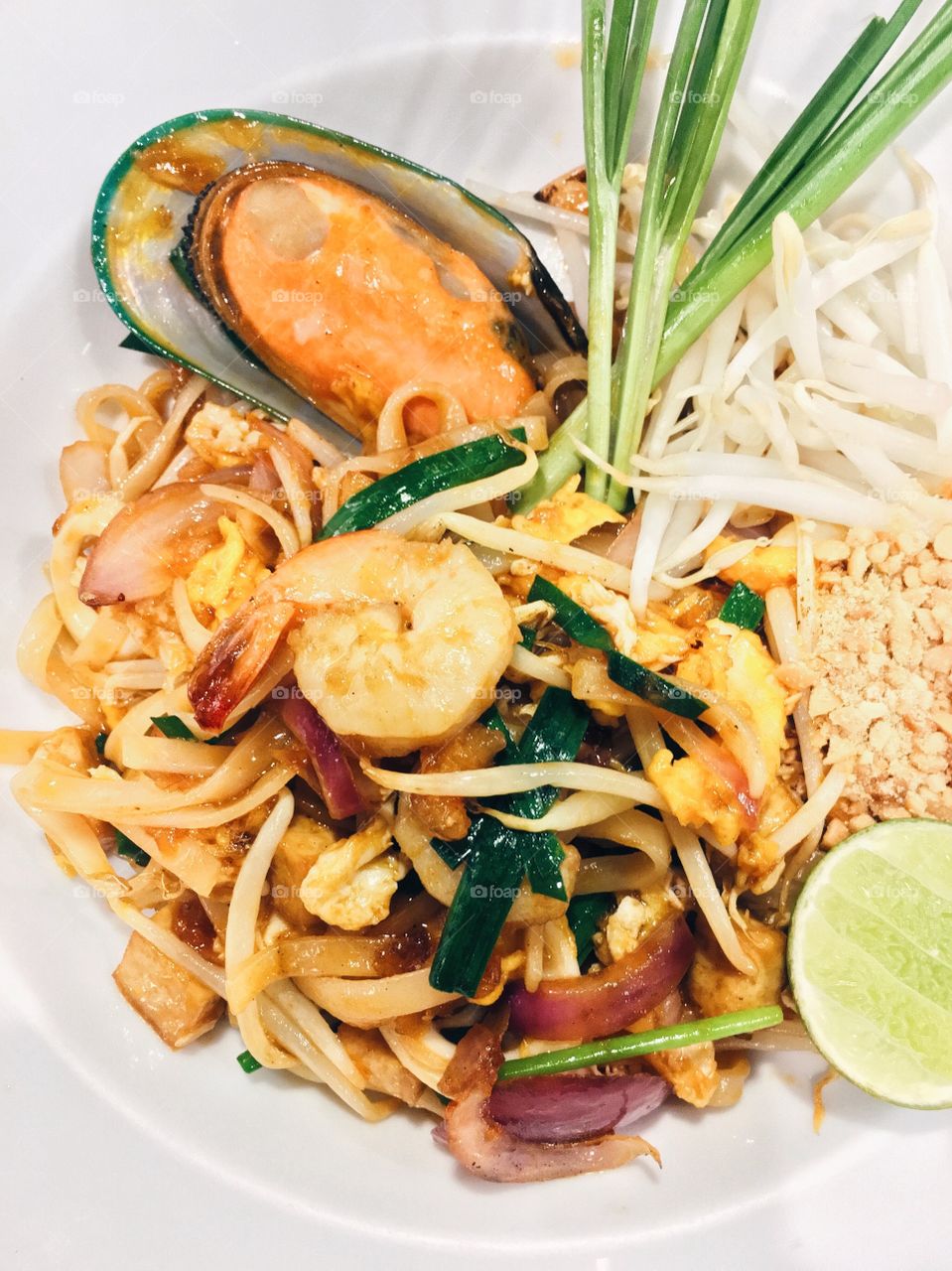High angle view of Pad Thai in plate