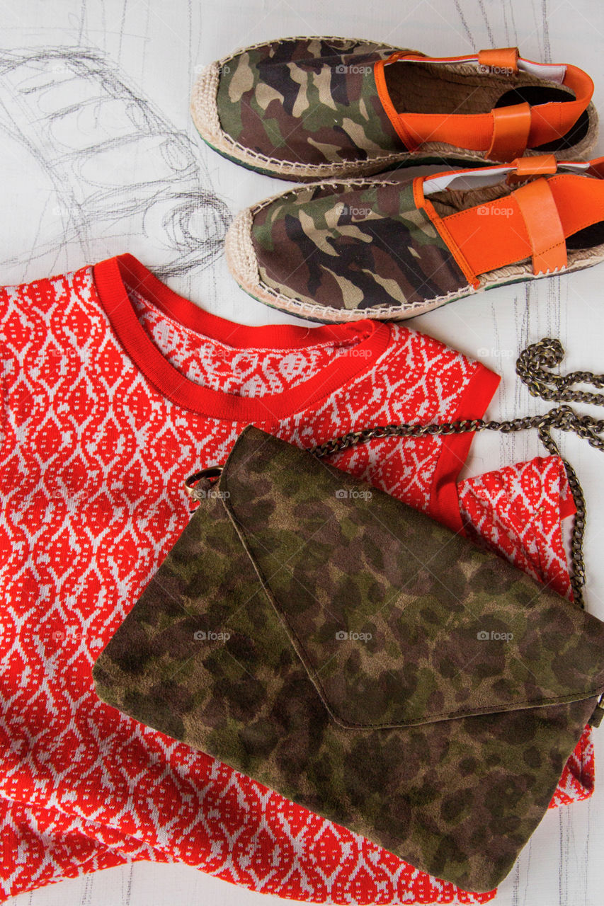 Fashion details.  Orange and military.
