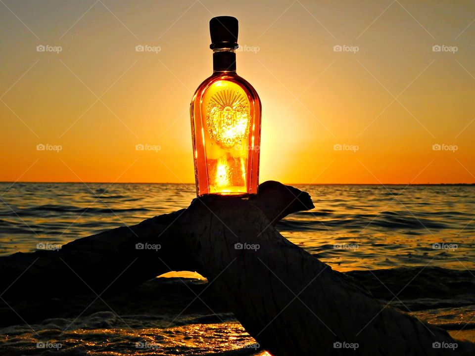 Sunset in a bottle - A fancy bottle sits on a tree limb in the bay during a golden sunset while absorbing the colors. 