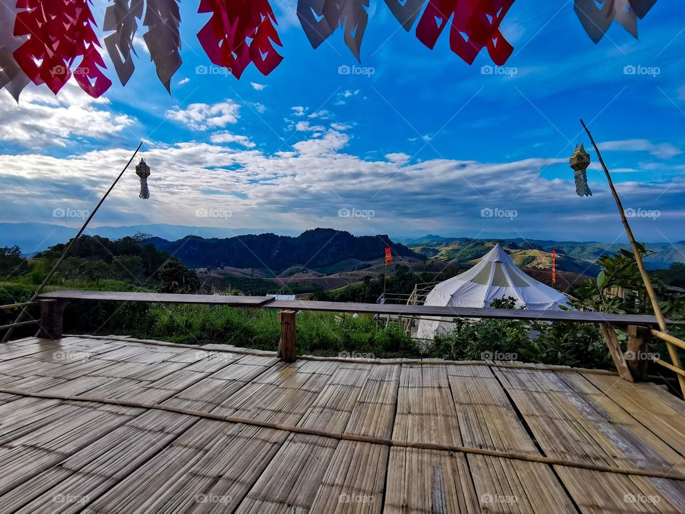 View from the camp at Doi Samer Dao in Nan, Thailand. The tents reminded me of yurts.