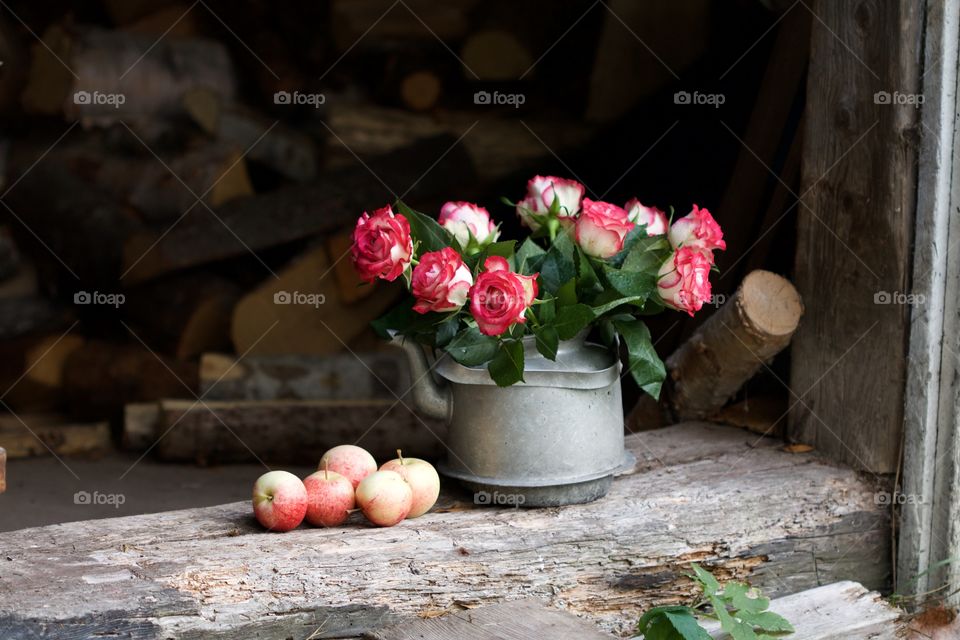 pink roses and apple