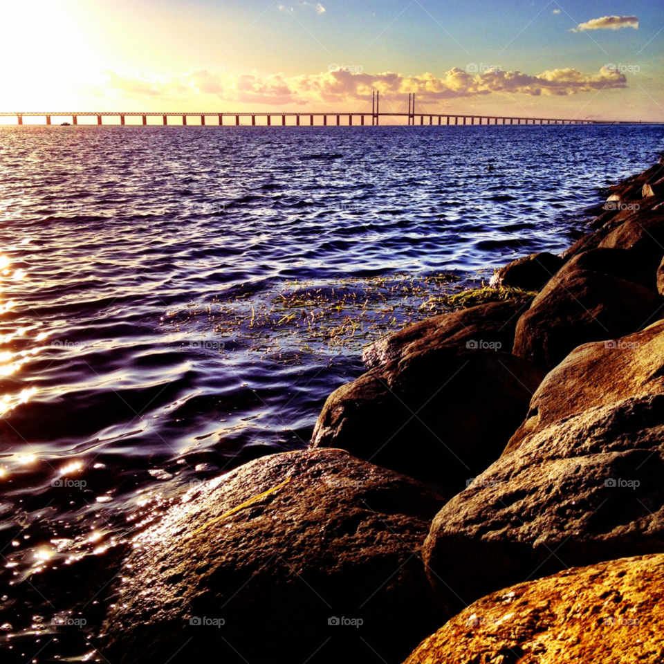 sunset sun bridge sea by ps_backe