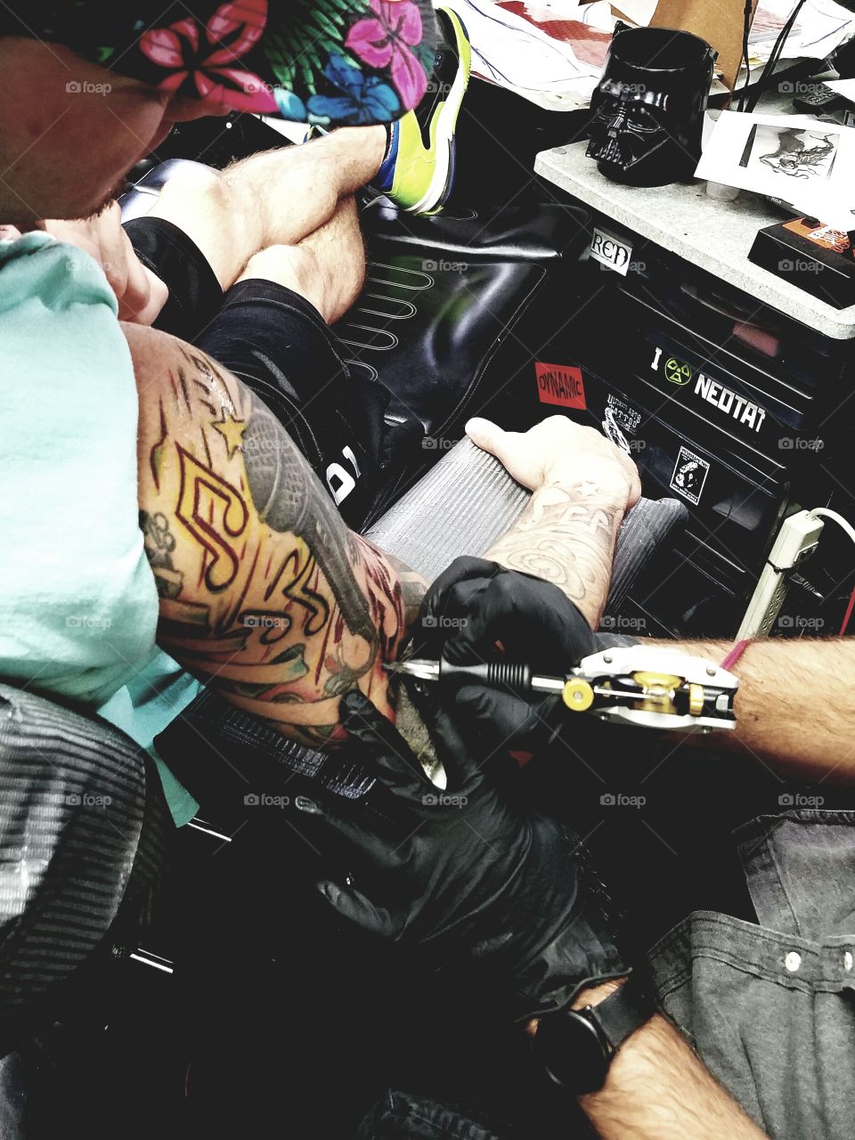 My best friend getting his tattoo sleeve finished.