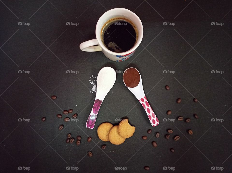 flat lays photography of coffee ☕ with cookies, freshness of cookies and aromatic coffee ☕