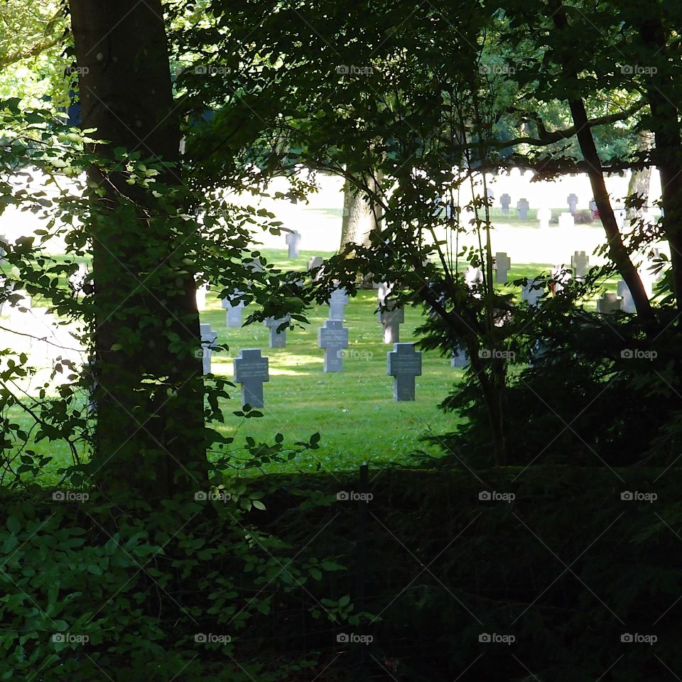 Headstones in Luxembourg of soldiers from the second world war viewed from an opening in the trees on a sunny summer day.