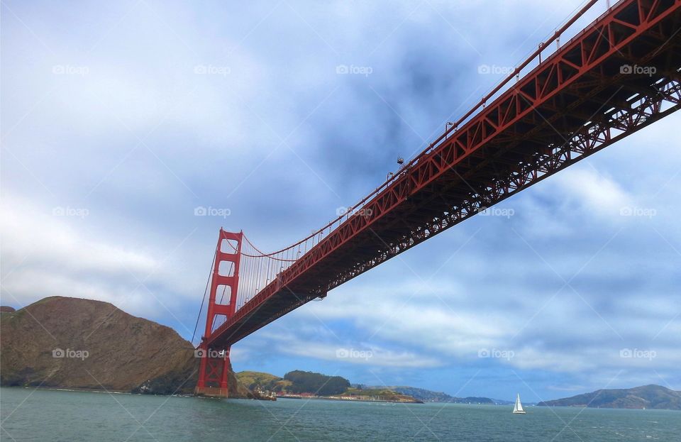 View of the Golden Gate Bridge while commuting under it by boat.