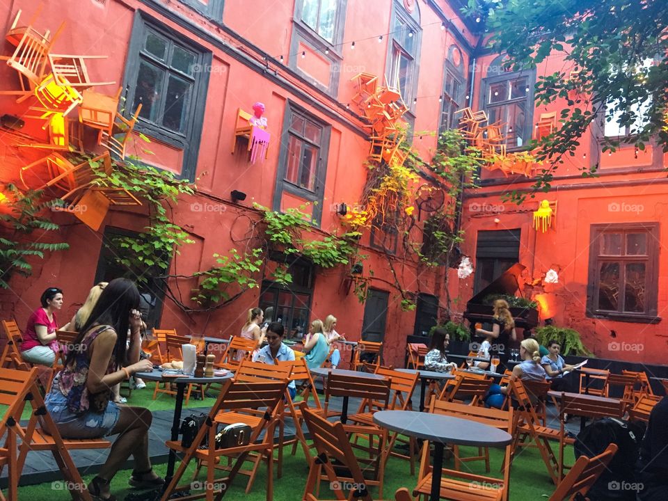 The very colorful and bright courtyard-cafe in Odessa city, Ukraine. Primorskiy boulevard, 12. The 31t of May, 2019. 