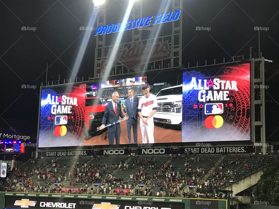 the jumbotron showing Shane Bieber winning All Star MVP in Cleveland, OH 2019