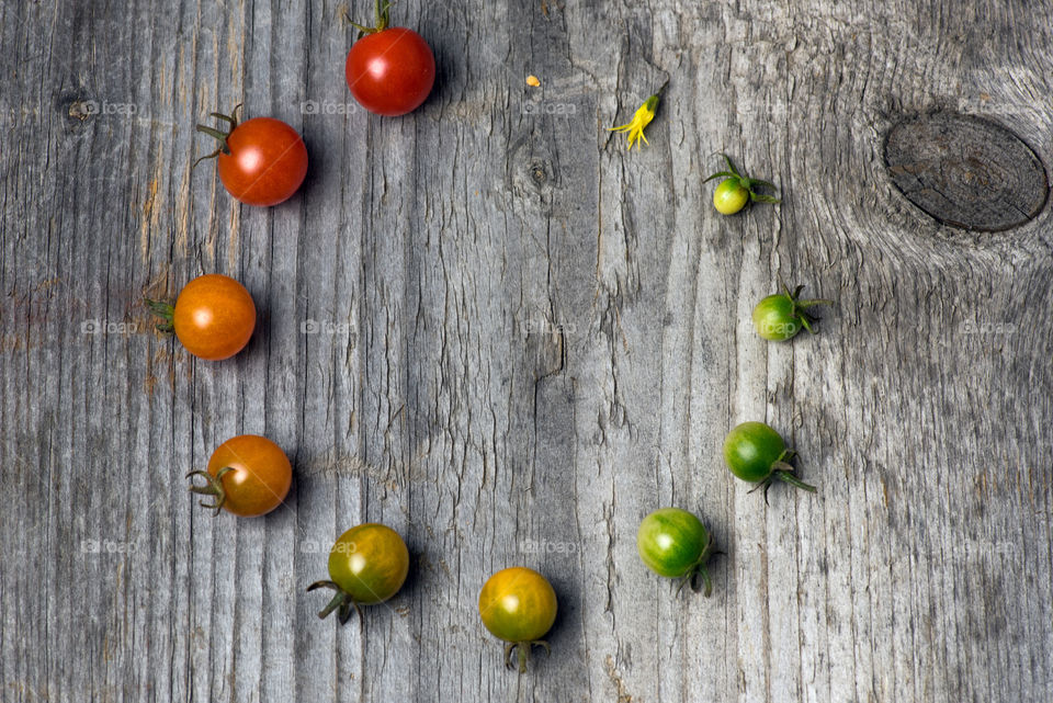 High angle view of tomato arranged on wooden table