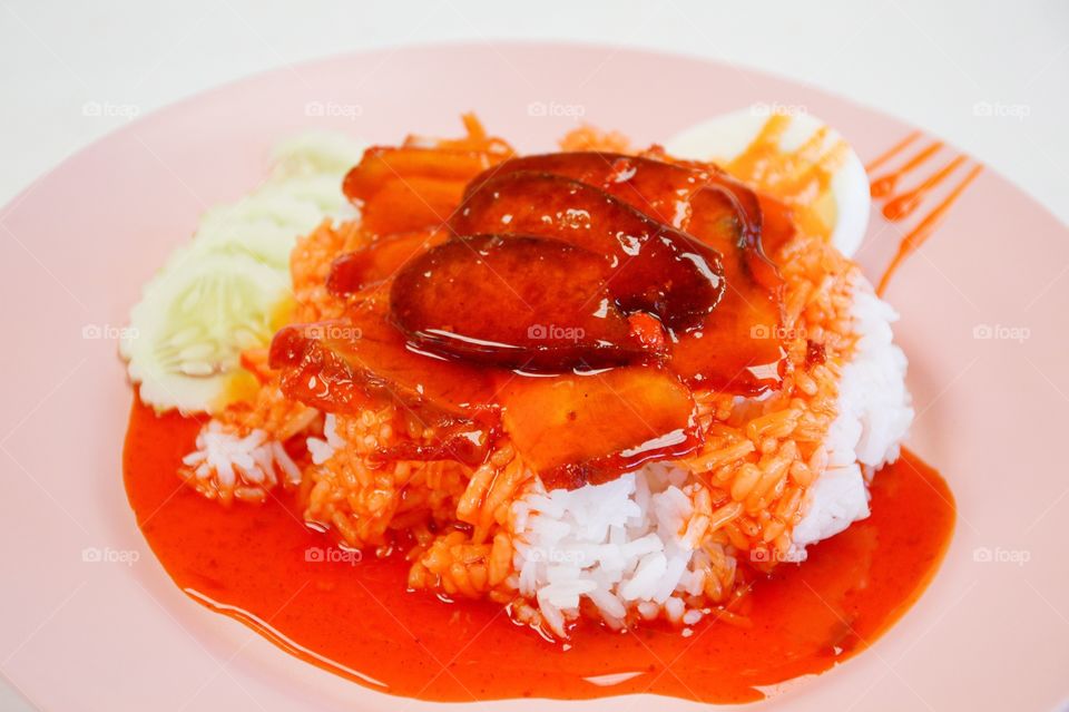 Red pork and hot rice