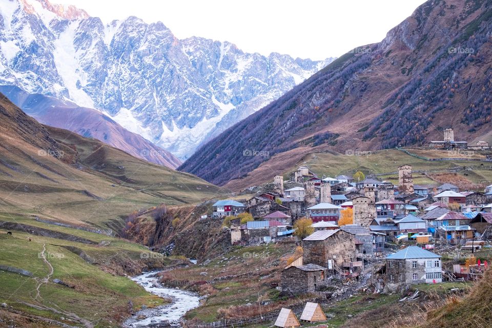 A cute village, land scape of Ushguli in valley at Georgia 