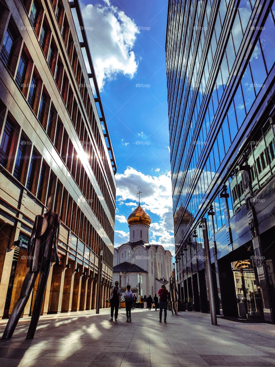 orthodox church and skyscrapers in Moscow