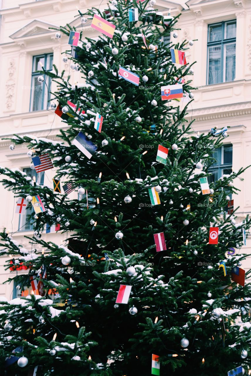 Christmas tree full of  country flags 