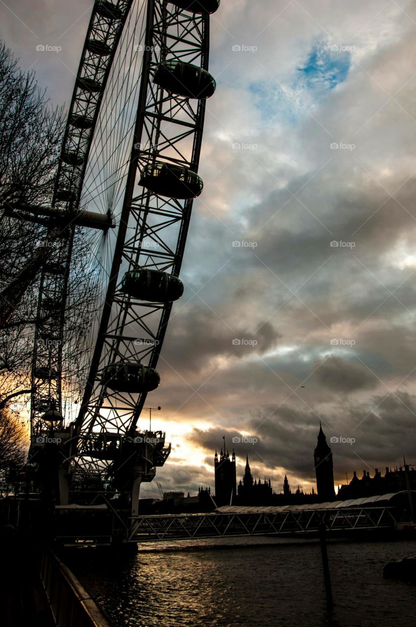 London Eye. Sunset in London
