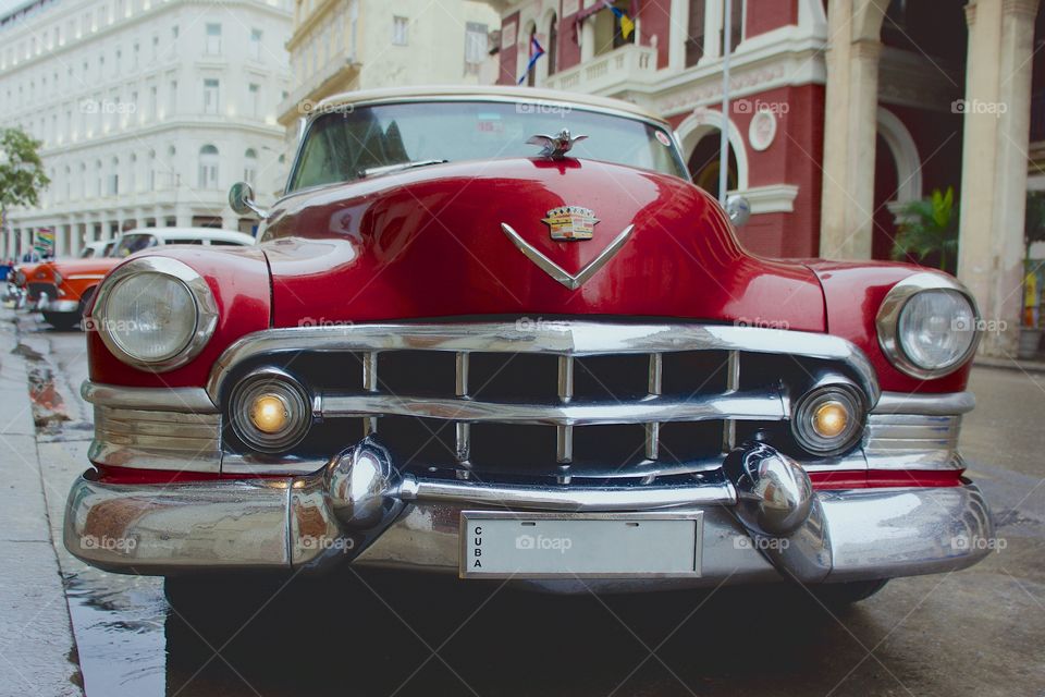 An old American car parked on the street in Old Havana, Cuba