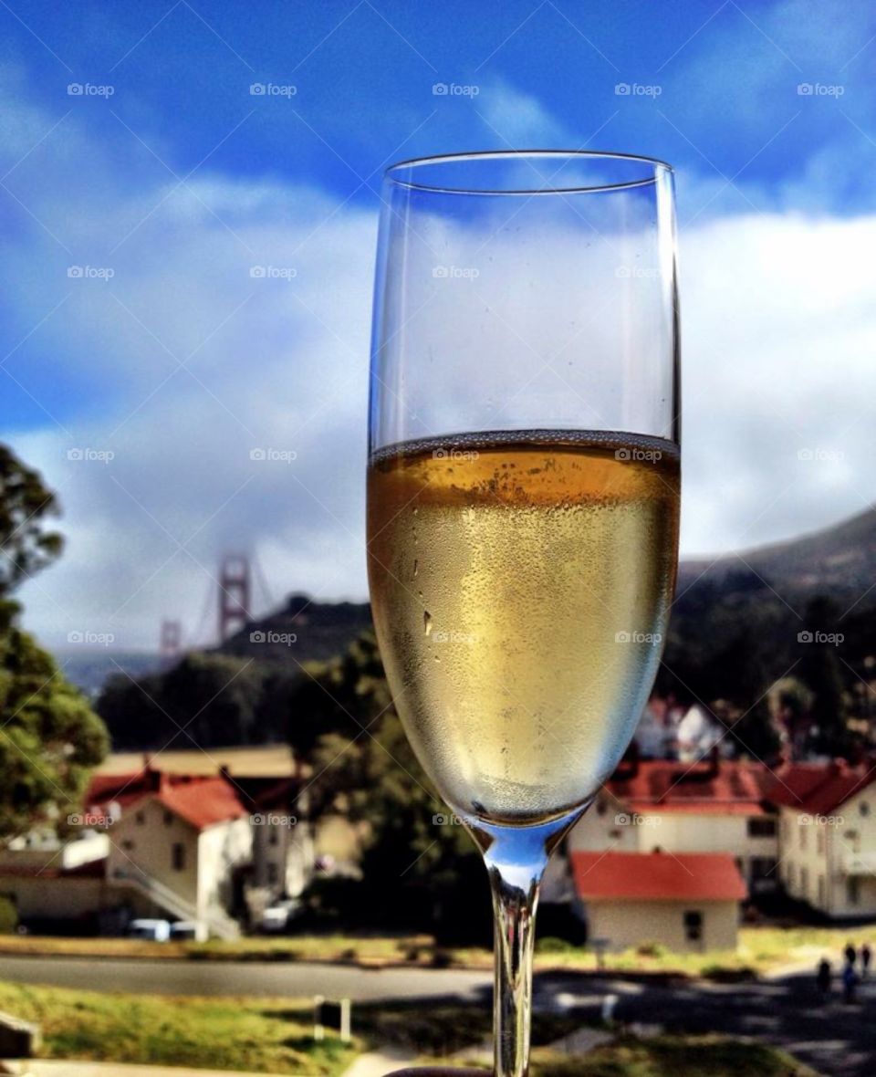 Champagne and the Golden Gate Bridge. Champagne Flute with Golden Gate Bridge in the background