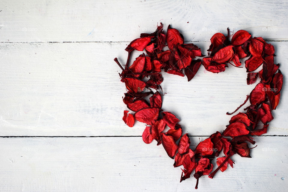 Heart of rose petals on a white background