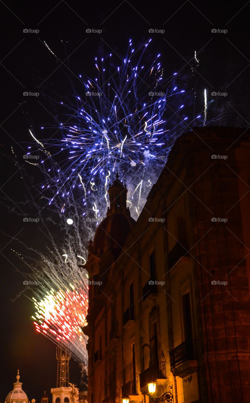 Fireworks near castle at night