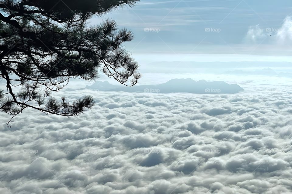 clouds fog on top of mountain morning sunshine