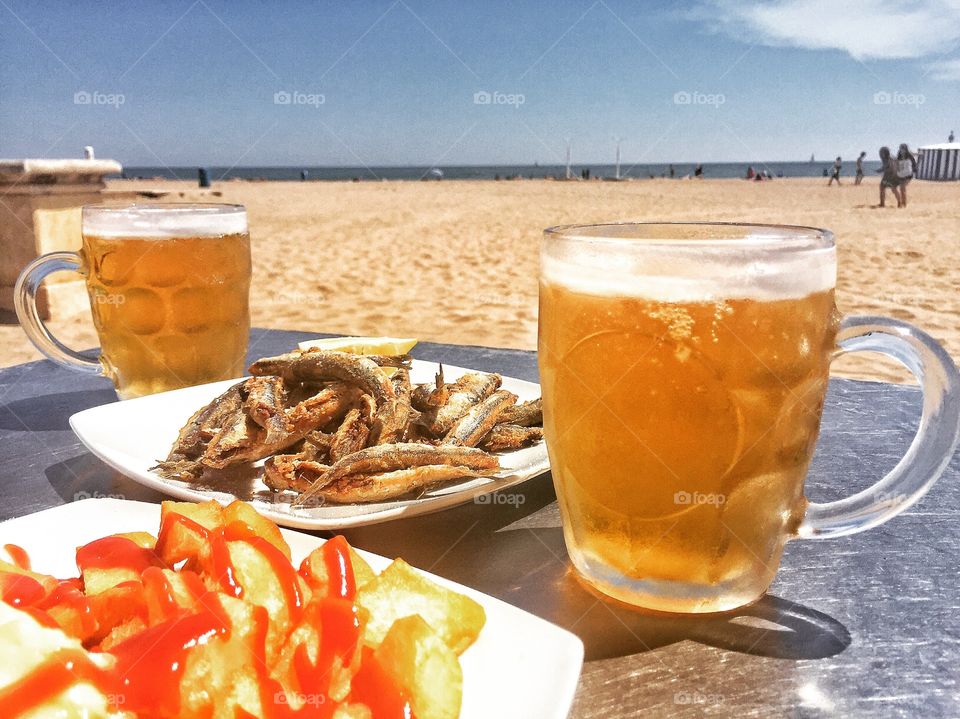 Meal served on table at beach