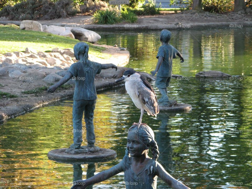 Bird perched on statue