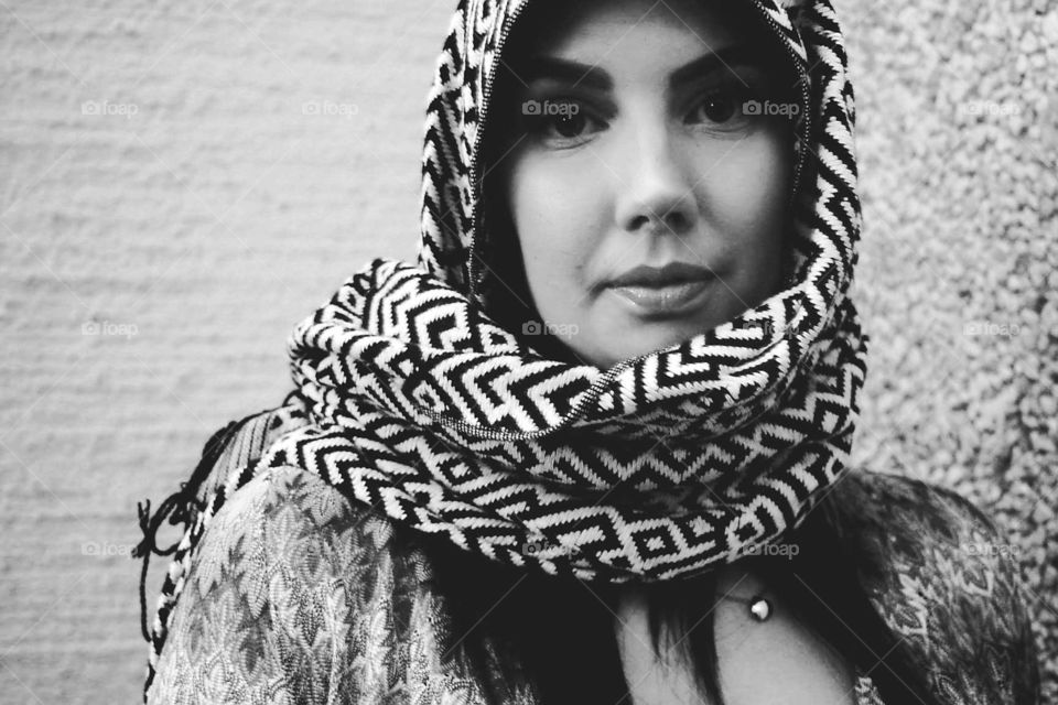 Black and white portrait of woman with scarf