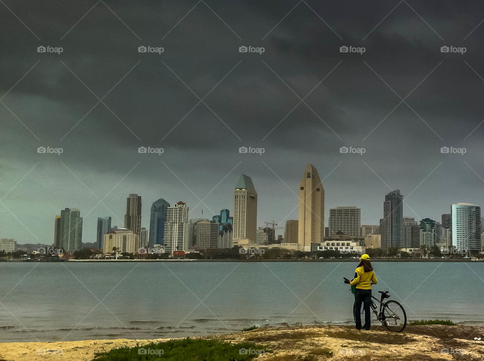 San Diego Skyline with bicyclist 