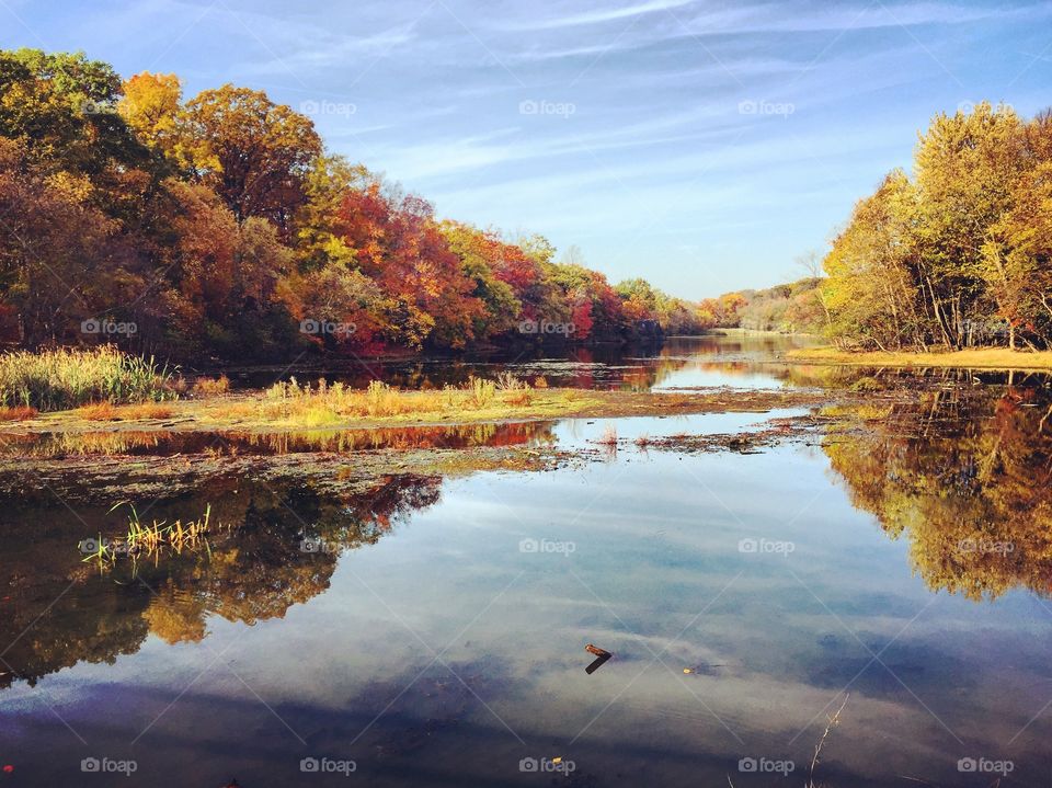 Reflection of autumn trees and clouds on lake