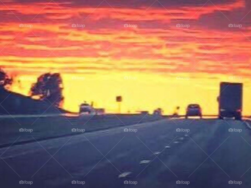 Burning Sunset Sky On Highway 