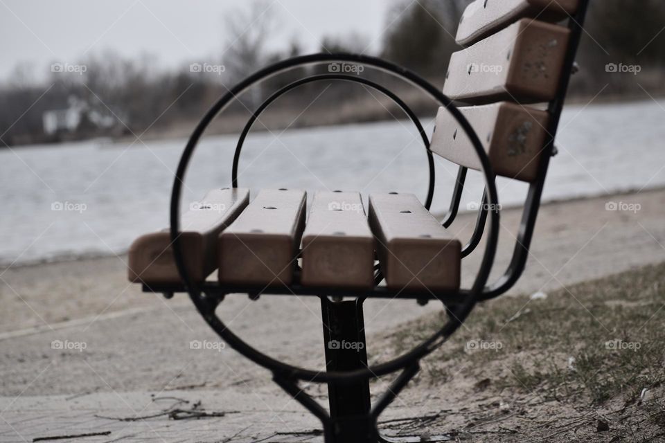 A park bench with circular arm rests overlooks the lake
