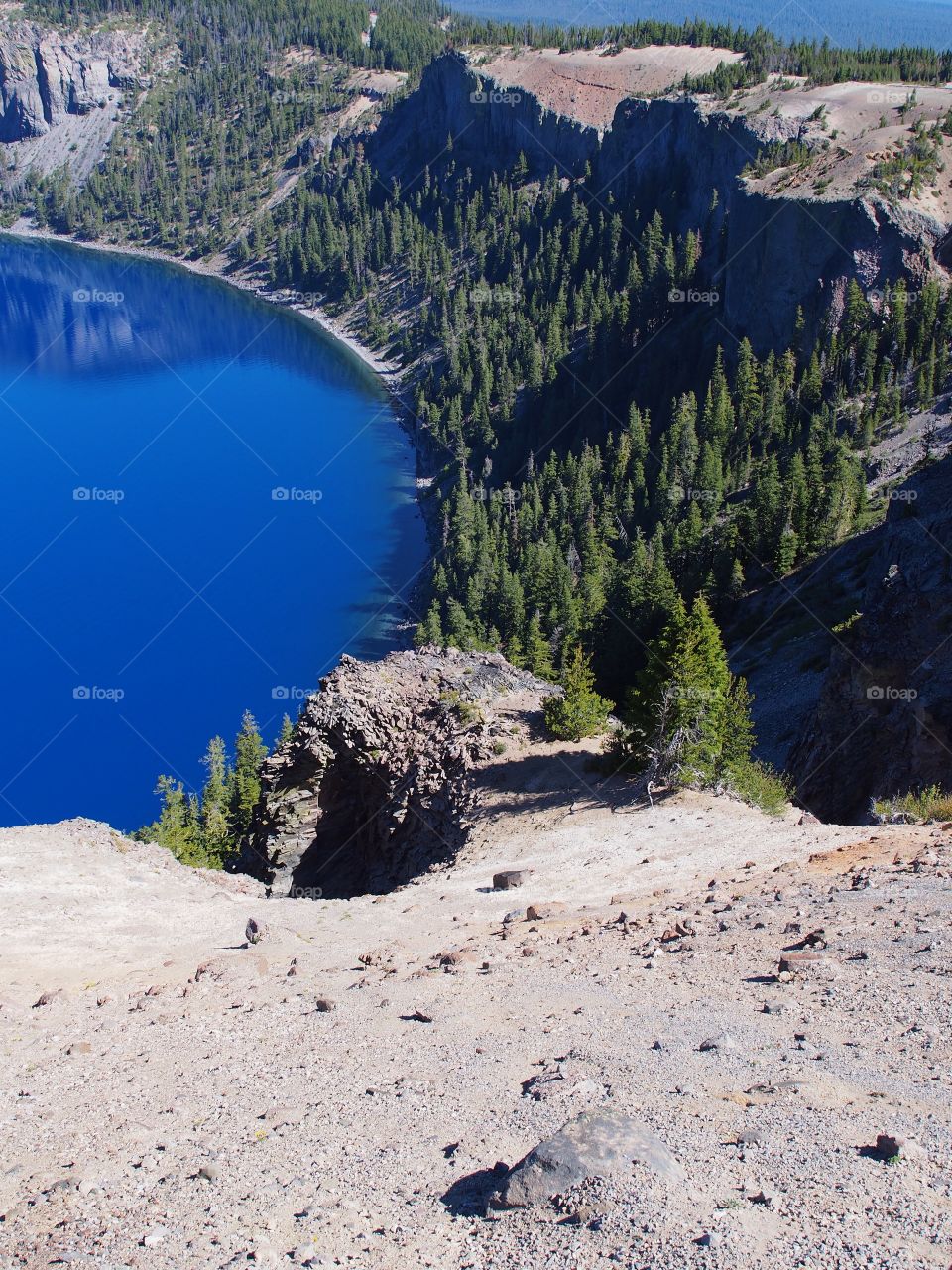 The rich blue waters of the deep Crater Lake in Southern Oregon with fir trees on the jagged rim on a beautiful sunny summer morning with clear blue skies. 