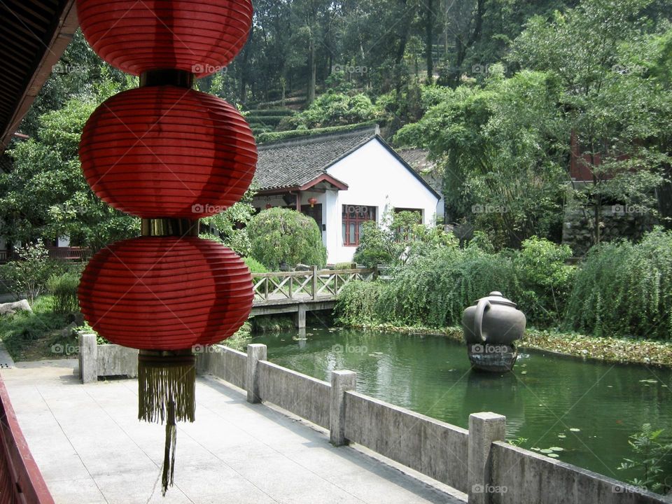 Chinese Garden with Red Lantern 