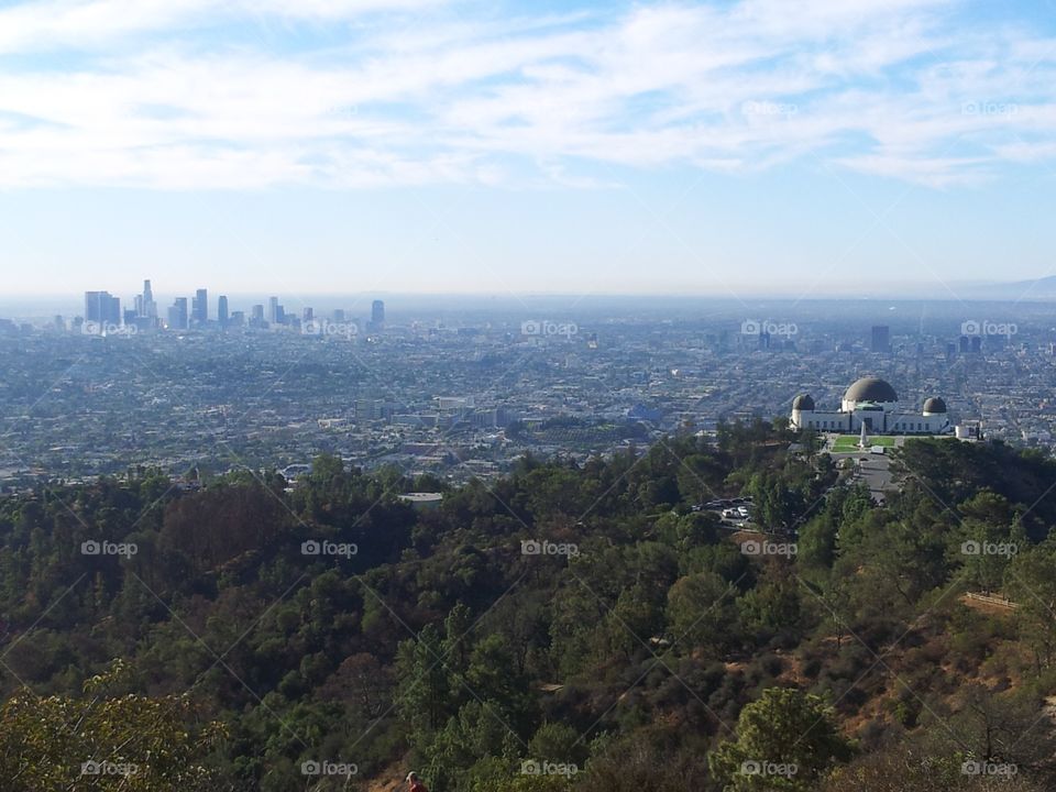 Griffith park view of the Griffith observatory and downtown Los Angeles 