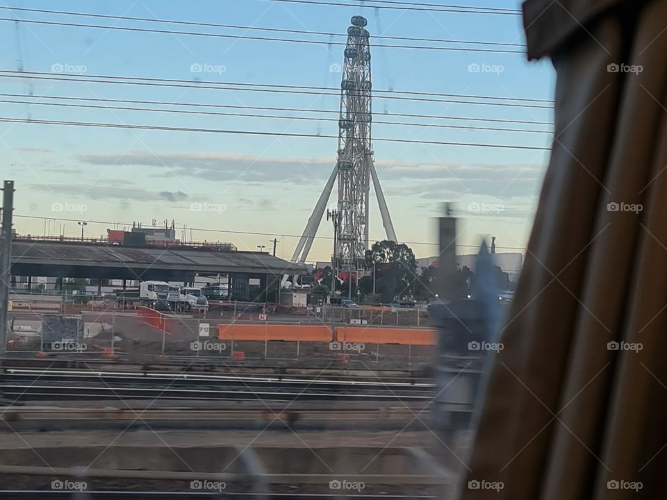 Train side view of the observation Wheel in Melbourne CBD Australia