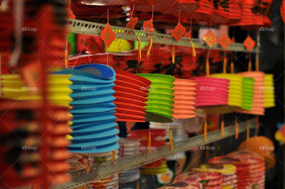 Color Lanterns on frame in shop for Mid-autumn festival in Vietnam