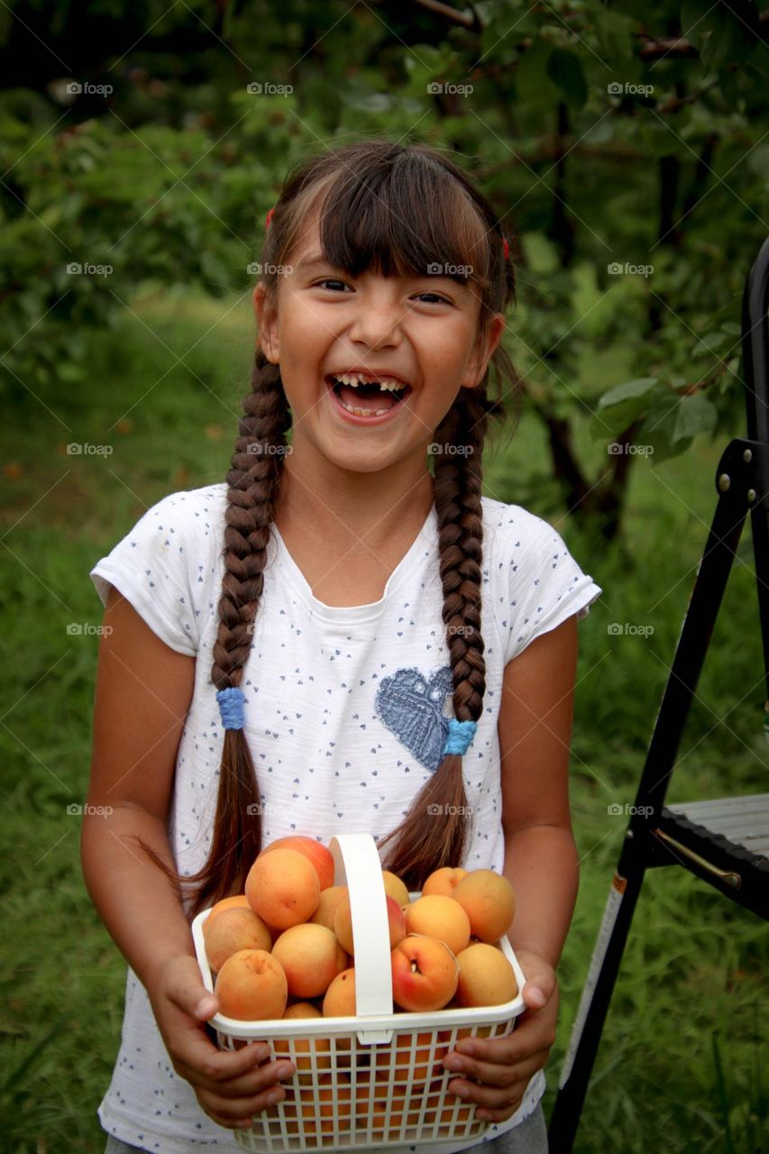 Happy cute girl is holding a busket with fresh apricots