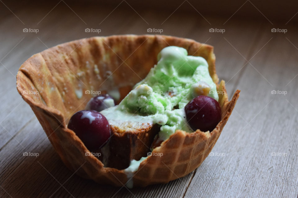 Close-up of ice cream with waffle