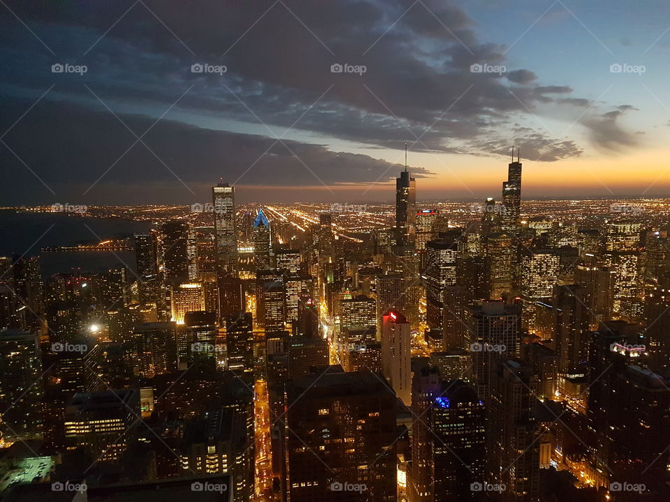 View of the city just after the sunset from the 360 Chicago Observation deck. Chicago. Illinois. USA.