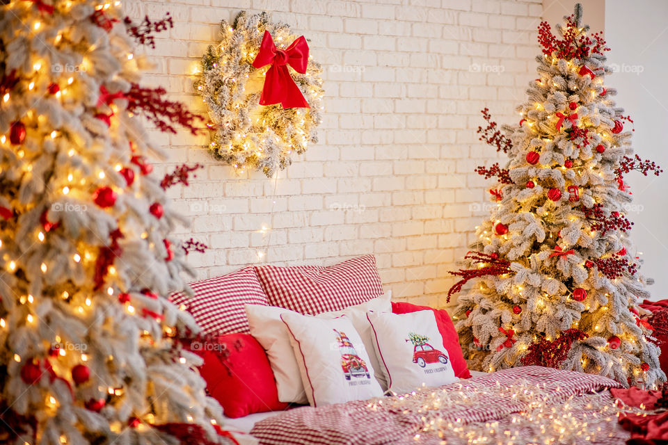 Christmas decorated pillow, festive atmosphere. Home decor.