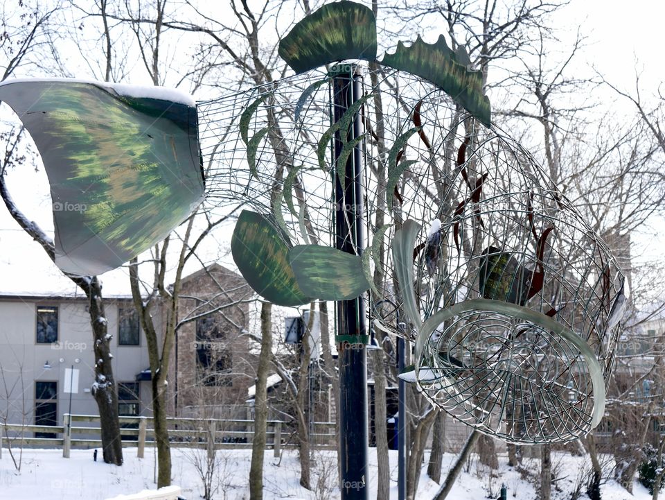 A metal art structure competes with the local natural landscape, in winter. 