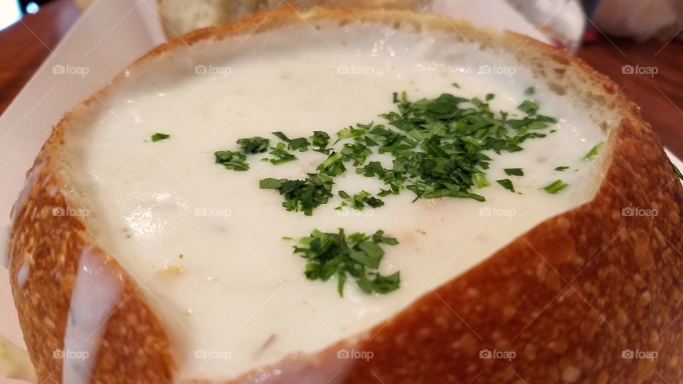 San Francisco clam chowder in the bread bowl