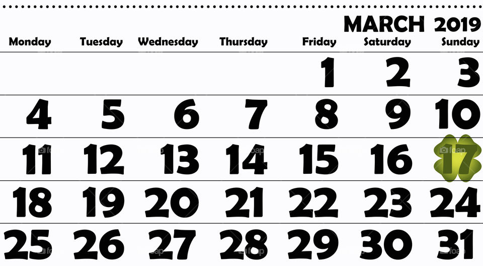 A calendar for March 2019 with focus on St. Patrick's day in EU format