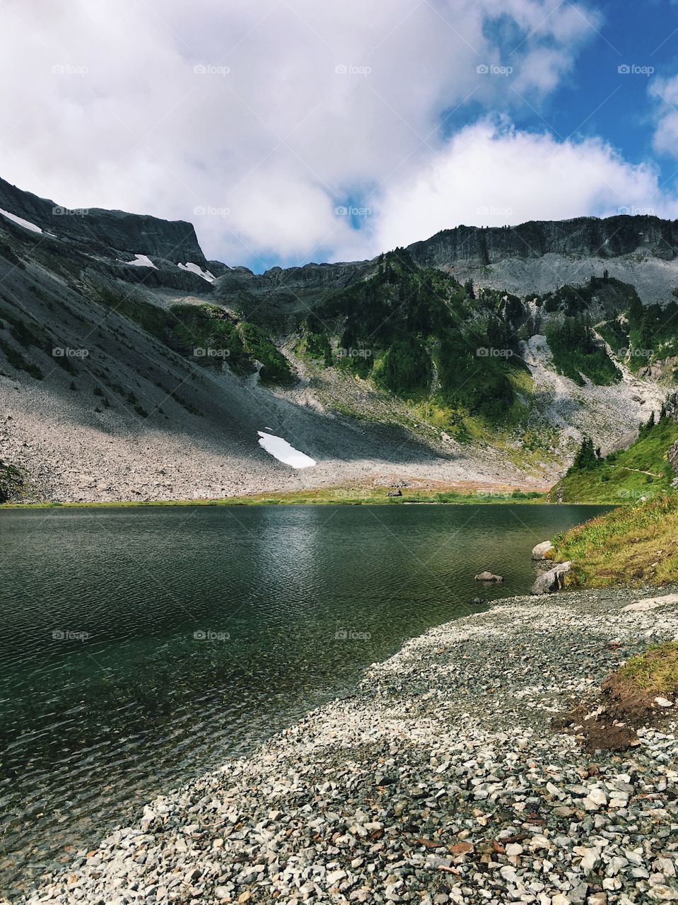 Rocky mountain with beautiful water and snow